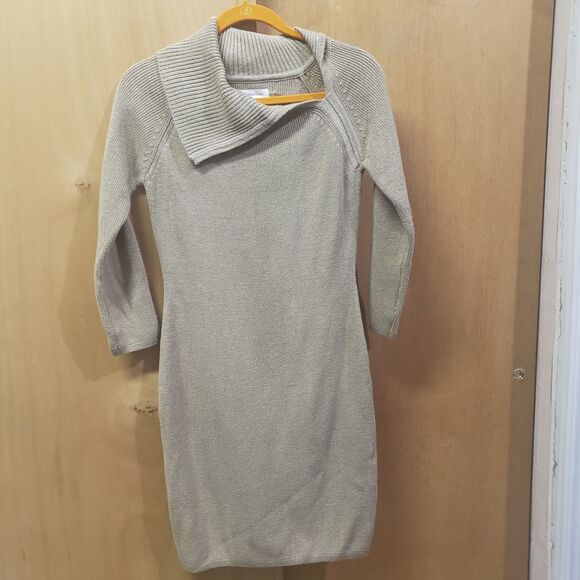 Calvin Klein Gold Metallic Sweater Dress Size Small Envelope Collar Neck - Picture 1 of 5